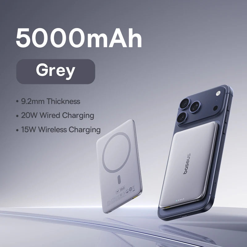 Baseus 5000mAh Magnetic Power Bank 20W PD Fast Charging – 15W Wireless Ultra-Slim Portable Charger for iPhone & USB-C Devices
