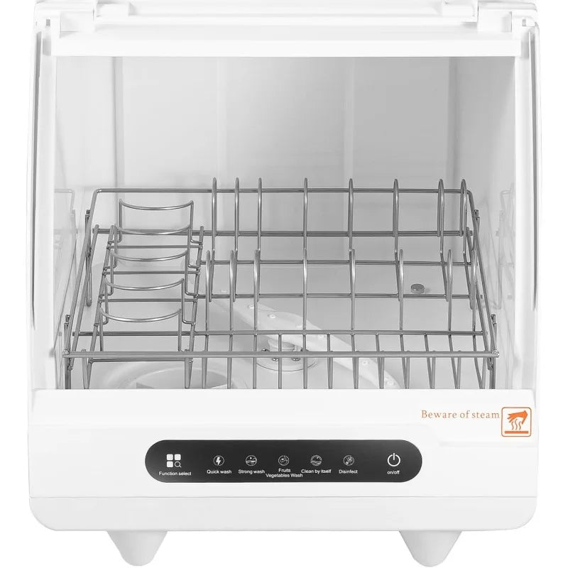 Portable tabletop dishwasher, compact dishwasher, countertop dishwasher, leak-proof drying, 360° spray arm, 5 programmes, white.