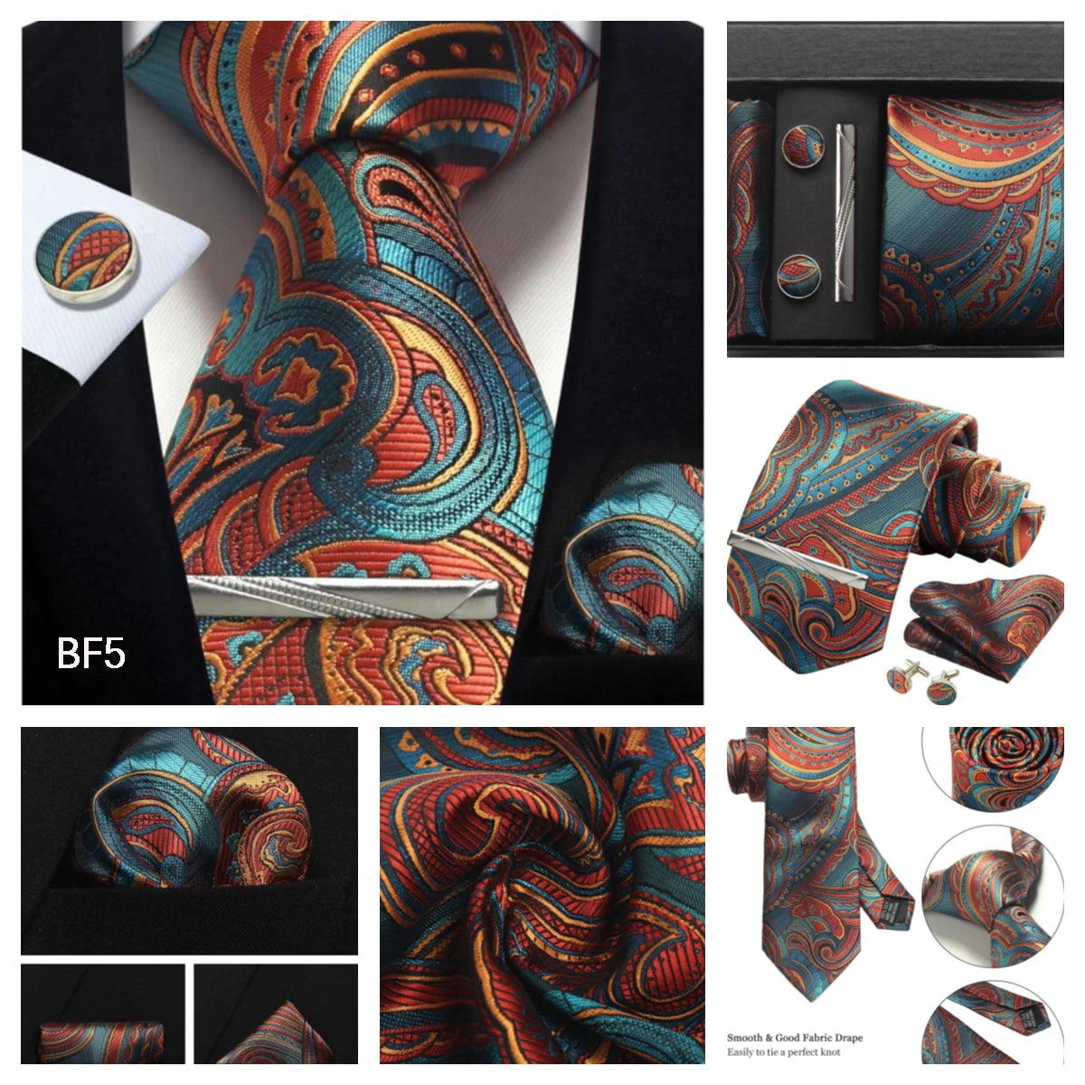 Luxury 100% Silk Paisley Floral Men’s Necktie Set | Business Tie with Matching Pocket Square & Formal Accessories