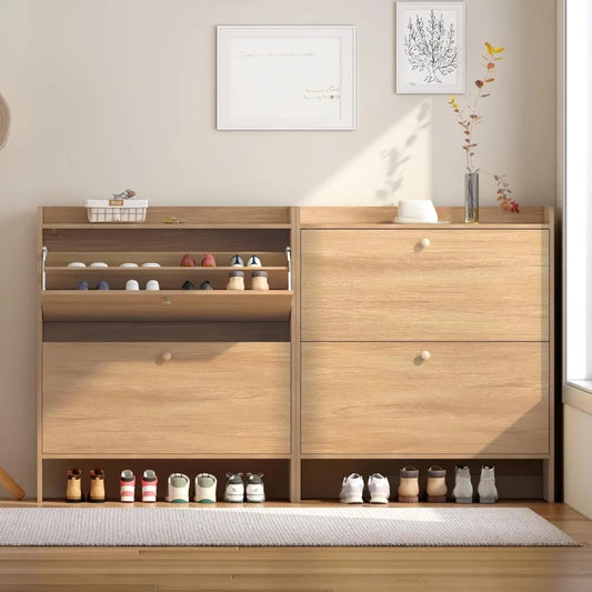 Shoe Storage Cabinet with 2 Flip Drawers Set of 2, Narrow Shoe Rack Organizer for Entryway, Freestanding Shoe Cabinet with Open