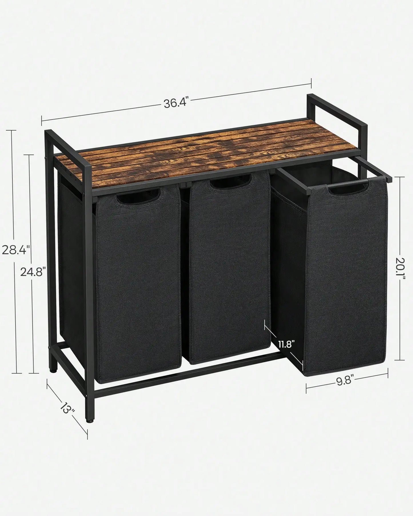 3-Bag Laundry Sorter with Rustic Wood Top. Large Laundry Hamper