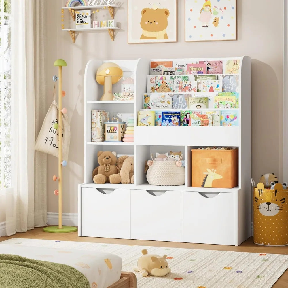 47'' Kids Bookcase and Bookshelf, Multifunctional Bookcase with 5 Storage Cubbies and 3 Movable Drawers, Toy Storager Display S