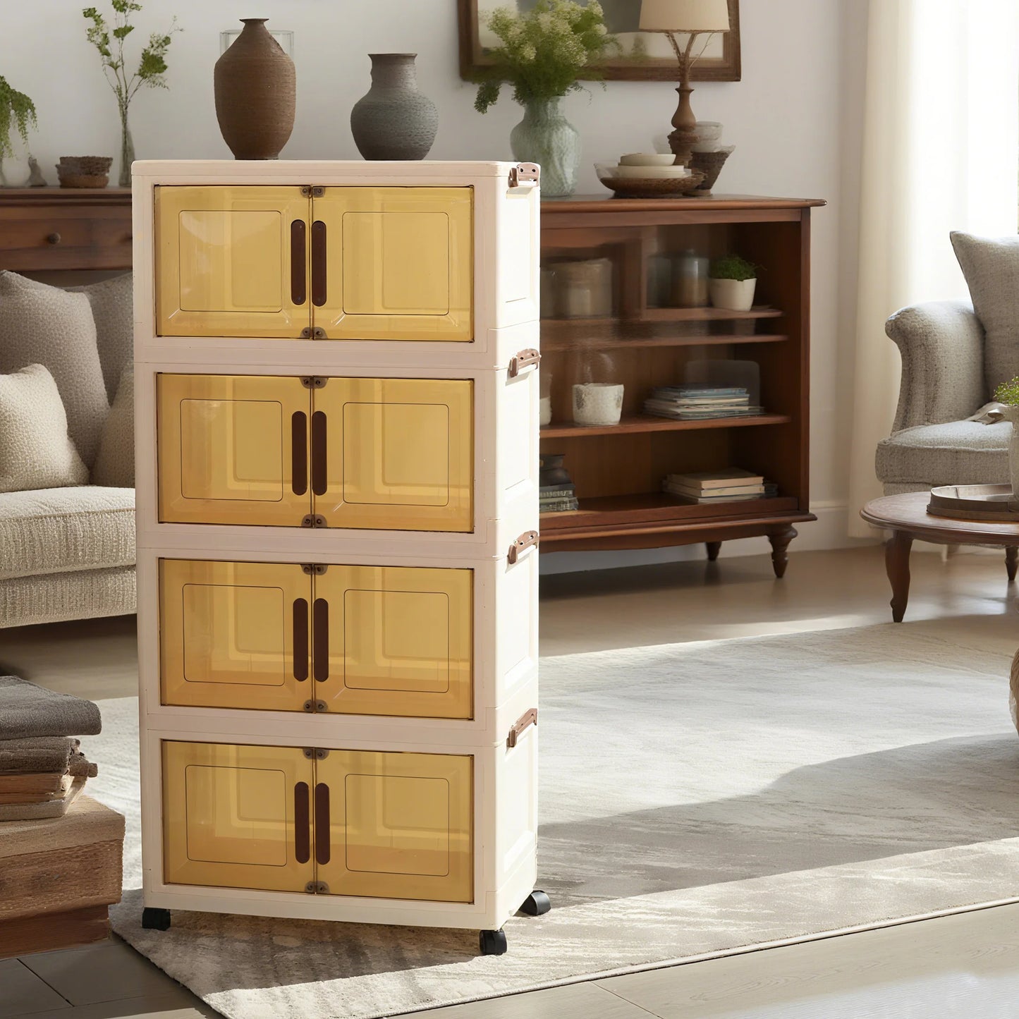 Foldable storage cabinet with stackable storage box, transparent magnetic door + universal wheels + stackable design