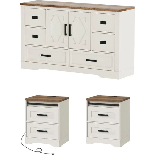 3-Piece Farmhouse Dresser and Nightstand Sets for Bedroom,Rustic Dresser for Closet with Barn Doors and Drawers,Bedside Table S