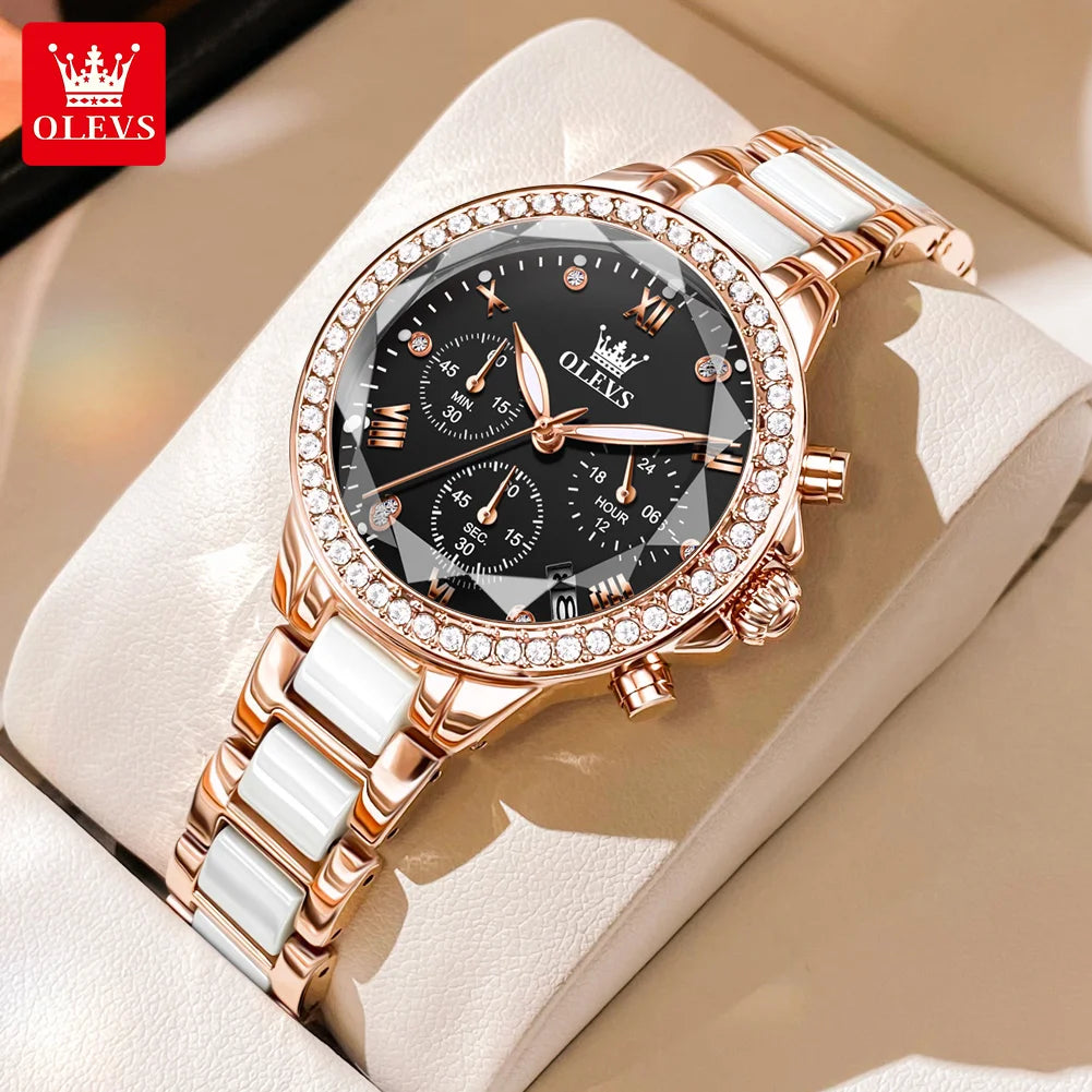OLEVS Luxury Women’s Waterproof Chronograph Watch. Rose Gold Crystal Fashion Timepiece