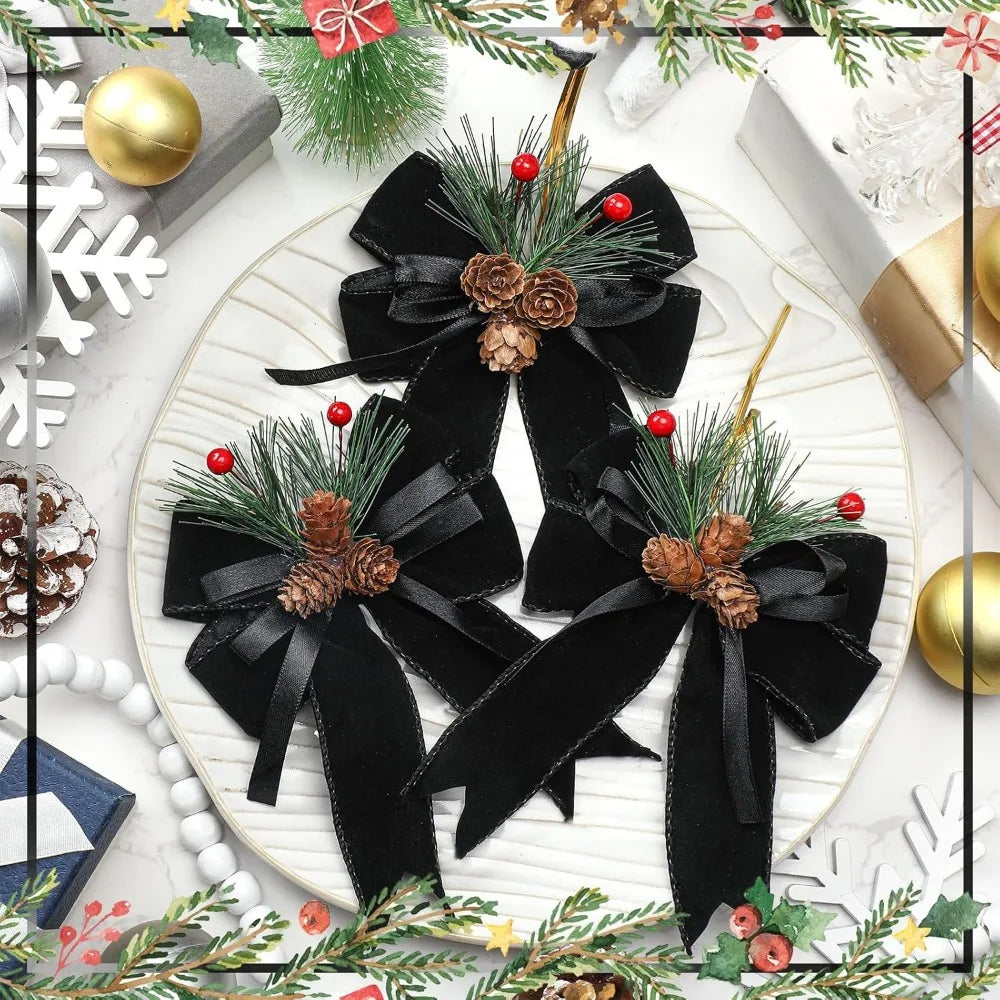 6 Pcs Christmas Bows with Pine Cones Pine Needles Black Xmas Velvet Bows Elegant Ribbon Christmas Tree Wreath Decoration for Xm