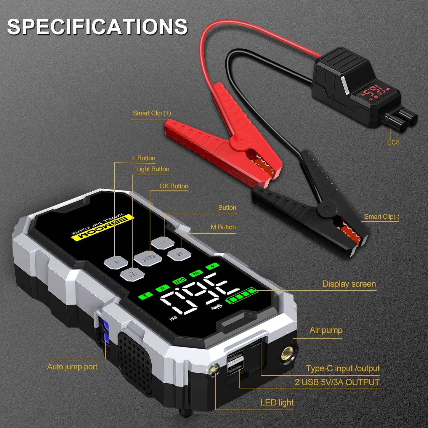 Portable Car Jump Starter with Air Compressor LCD Display 21800mAh Battery Pack