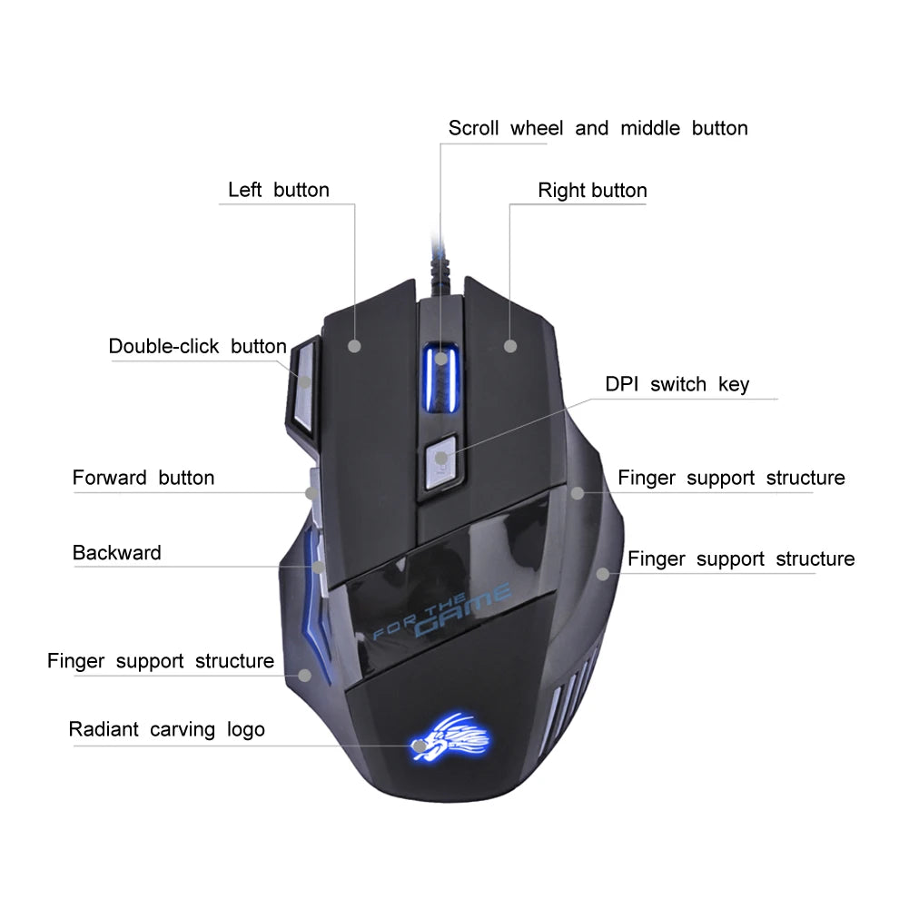 SB Wired Gaming Mouse  7 Button Ergonomic LED Backlit Mouse with 5500 DPI Precision