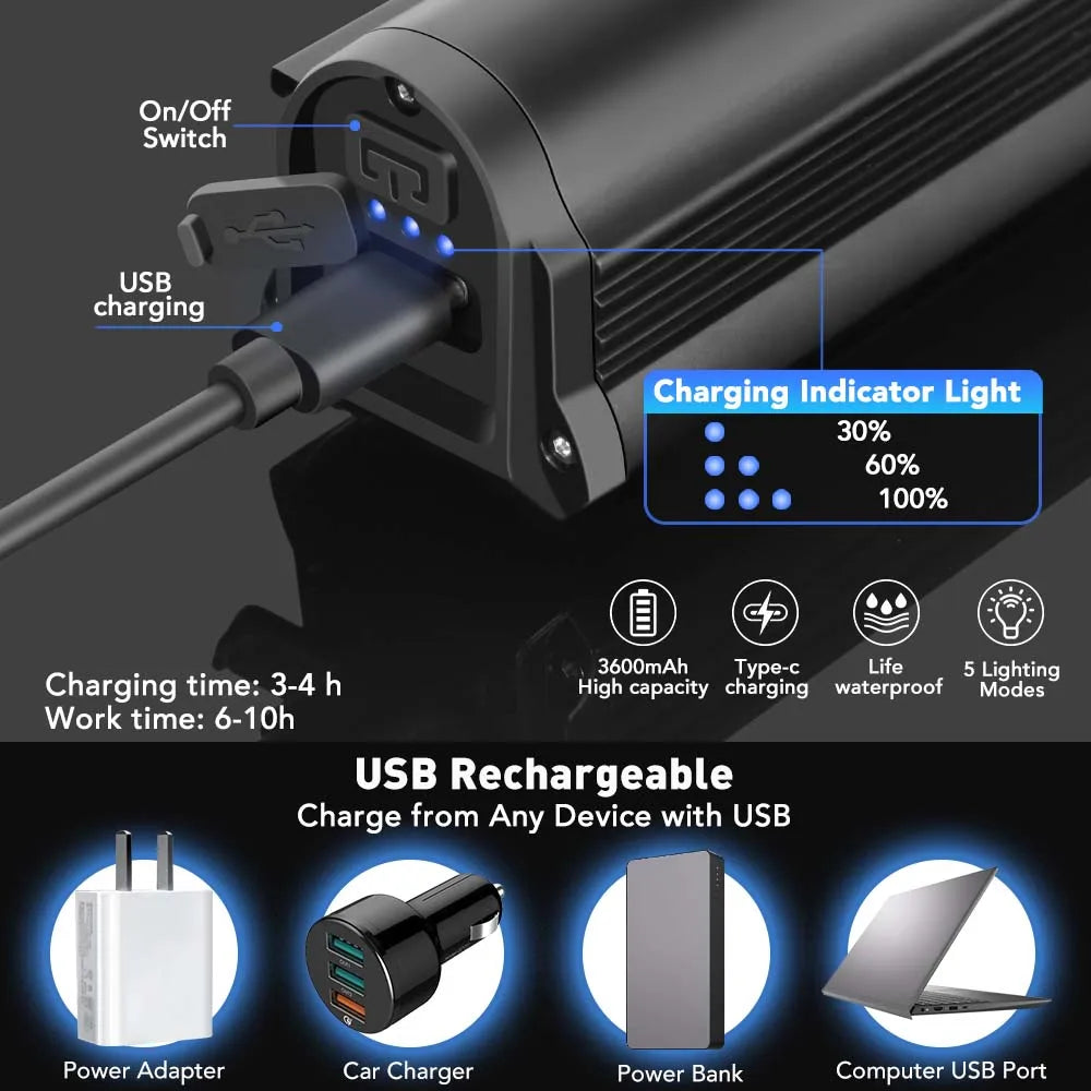 NEWBOLER Bicycle Light Front 3000Lumen Bike Light 3600mAh Waterproof Flashlight USB Charging MTB Road Cycling Lamp Accessories