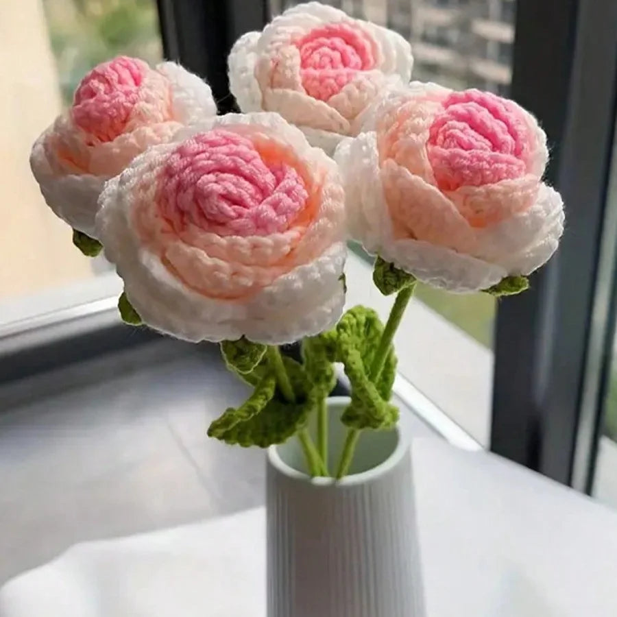 6Pcs Crochet Rose Flowers, Fake Rose Artificial Flowers Handmade Knitted Rose Bouquet Crochet Flower Bouquet Table Decoration