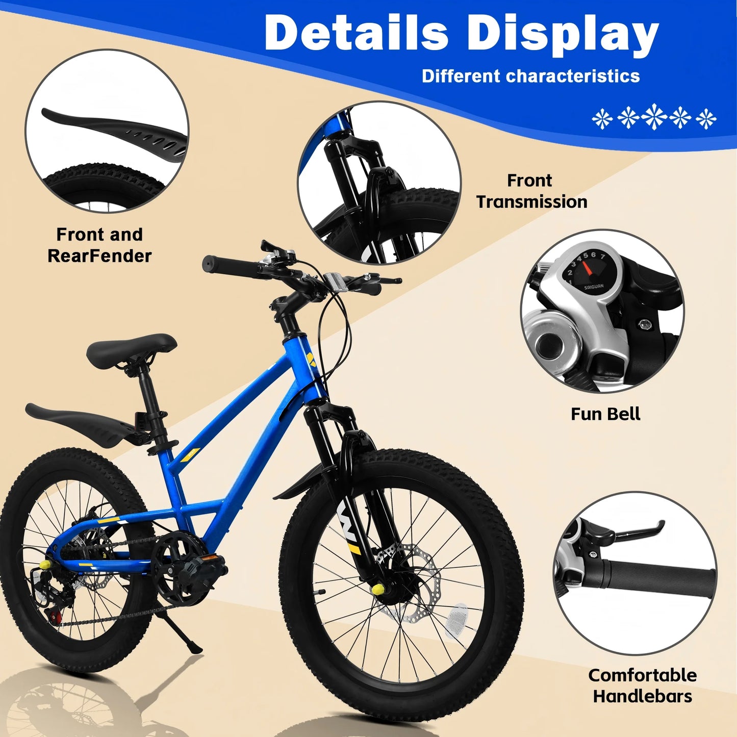 20-Inch Kids Mountain Bike . 7-Speed Bicycle for Boys & Girls Ages 6–12 with Front Suspension  Description: