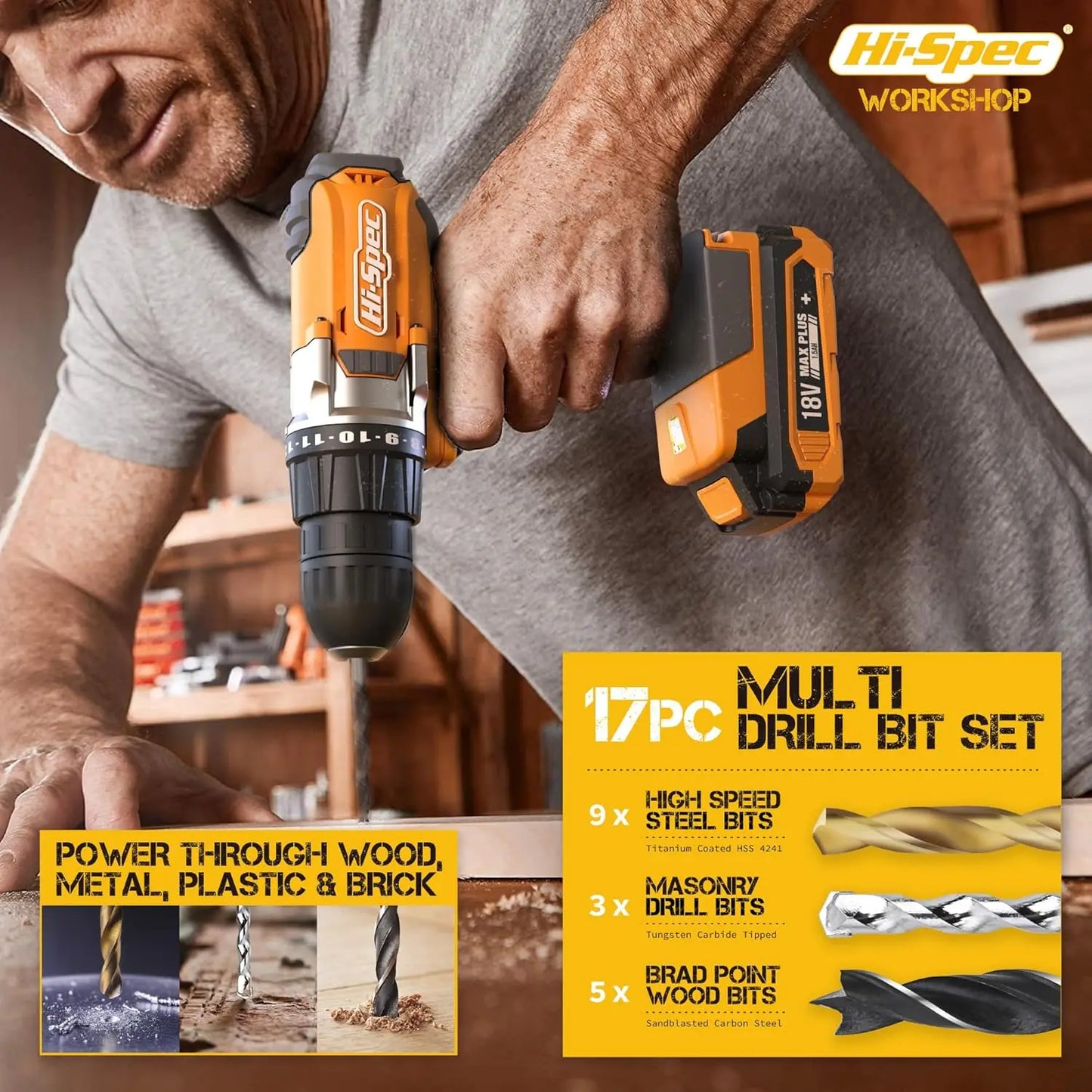 Hi-Spec 58pc 18V Cordless Power Drill Driver, Bit Set & Case.