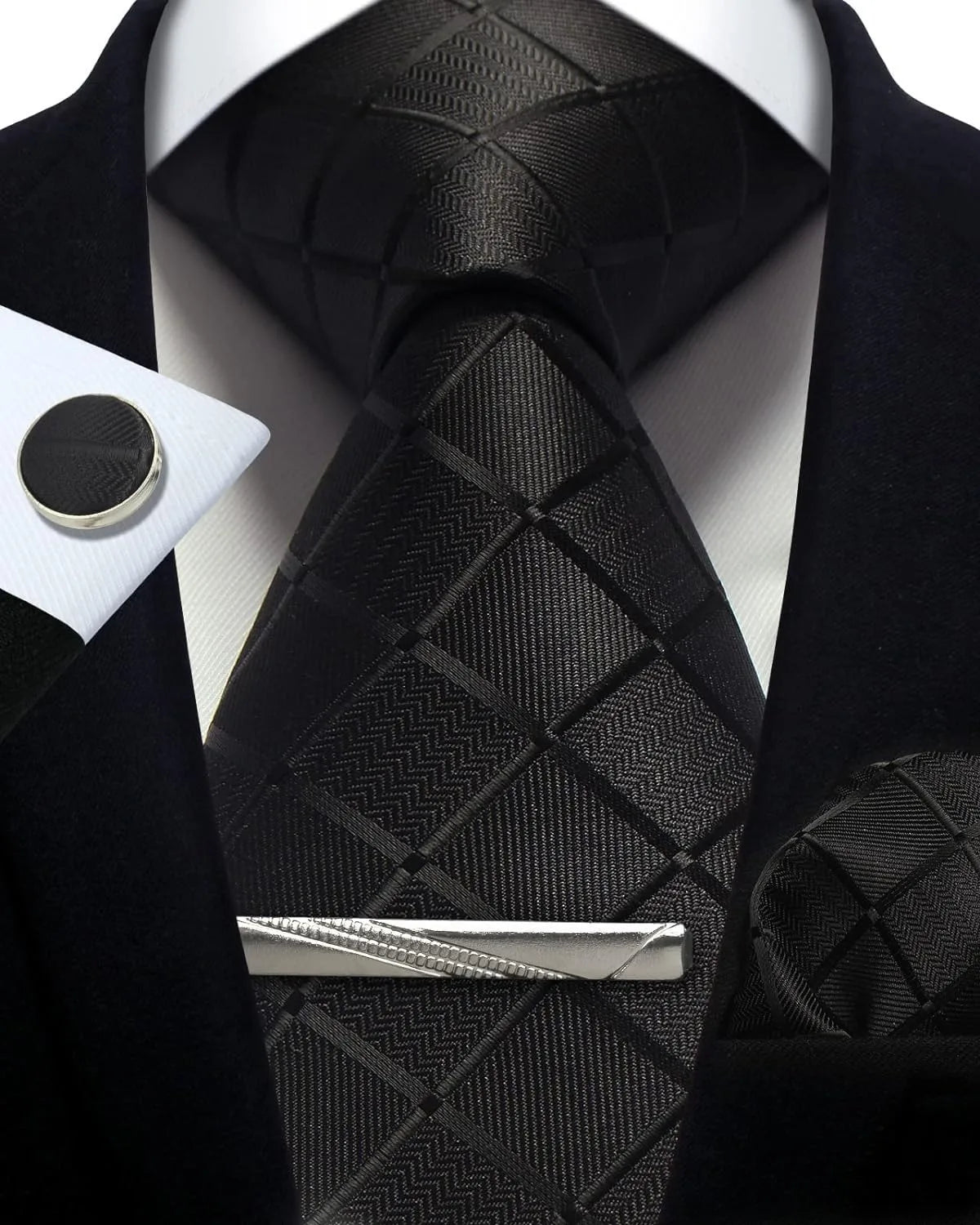 100% Silk Plaid & Checkered Men’s Tie Set with Pocket Square, Tie Clip & Cufflinks. Business & Wedding Necktie Gift Set  Optimized Description