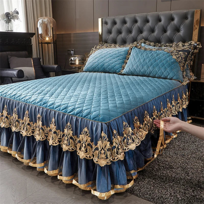 AIWINSURE-European Lace Velvet Bedspread Set, King Size, Queen Thickened Bed Cover, Soft Bed Skirt, Luxury, with 2 Pillowcases