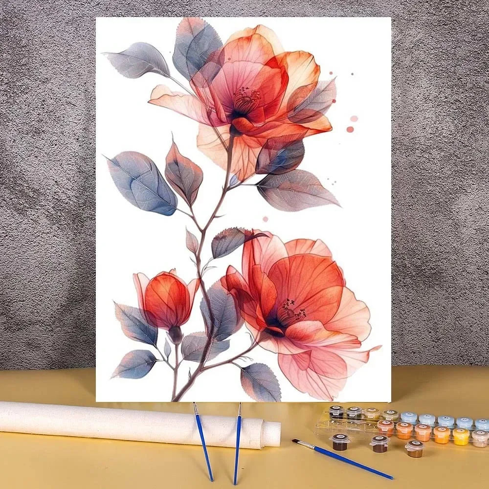 DIY Paint by Numbers Ink & Wash Flower Canvas Kit . Floral Acrylic Painting Set for Adults & Beginners Home Wall Decor Gift