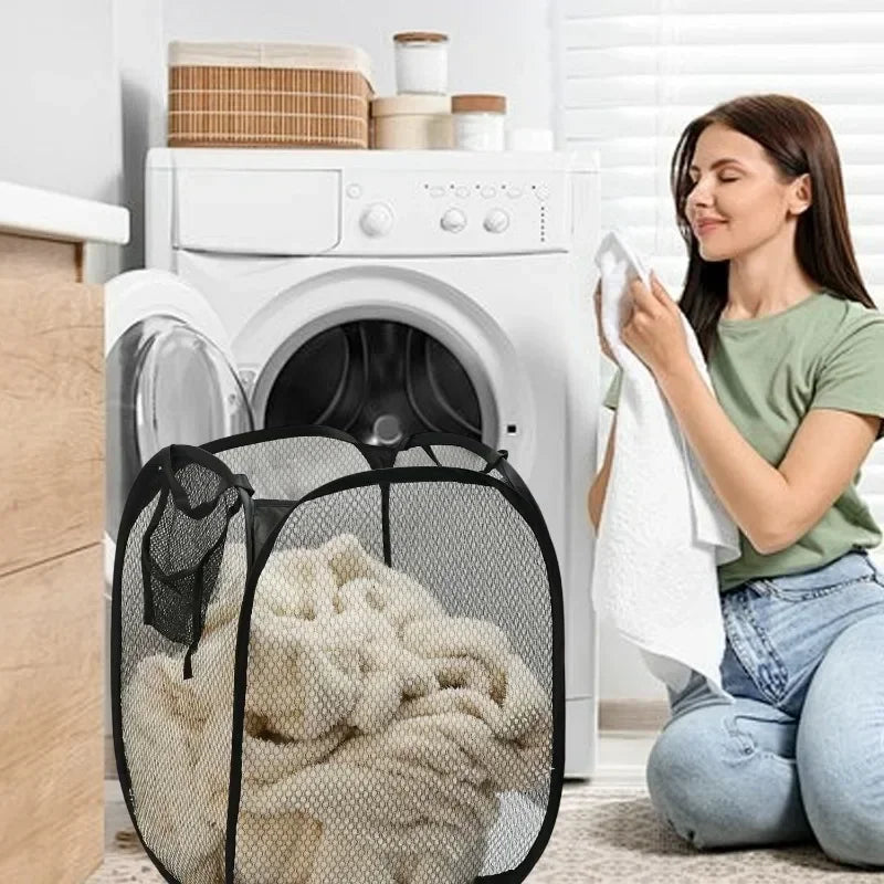 Collapsible Mesh Laundry Hamper with Carry Handles . Foldable Clothes Storage Basket
