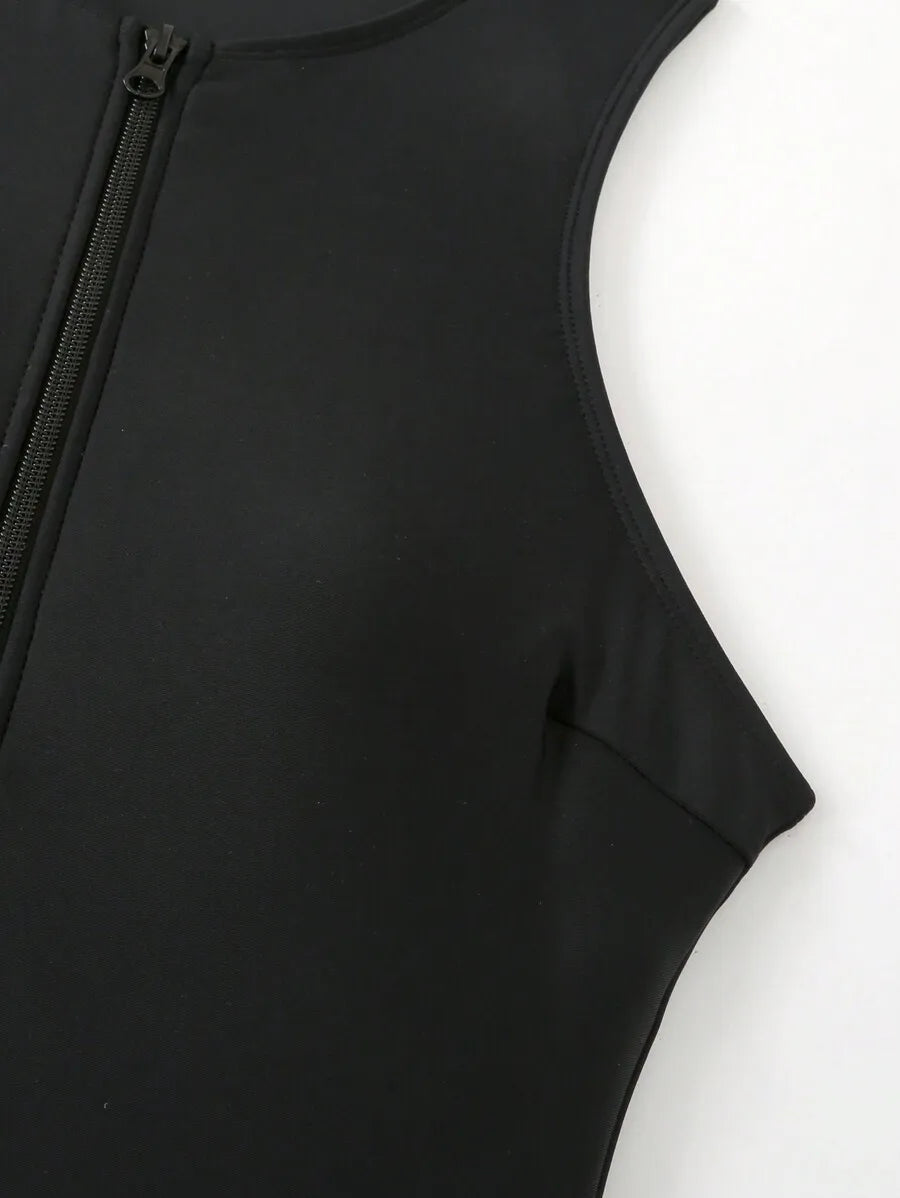 Women’s Black Zip Front One-Piece Swimsuit | Athletic Slimming Bathing Suit for Beach & Pool