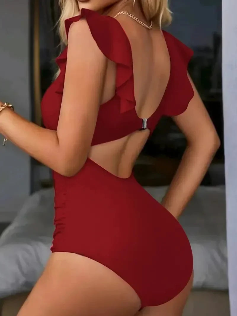 V-Neck Cutout One-Piece Swimsuit.  Contrast Mesh High-Waist Swimwear