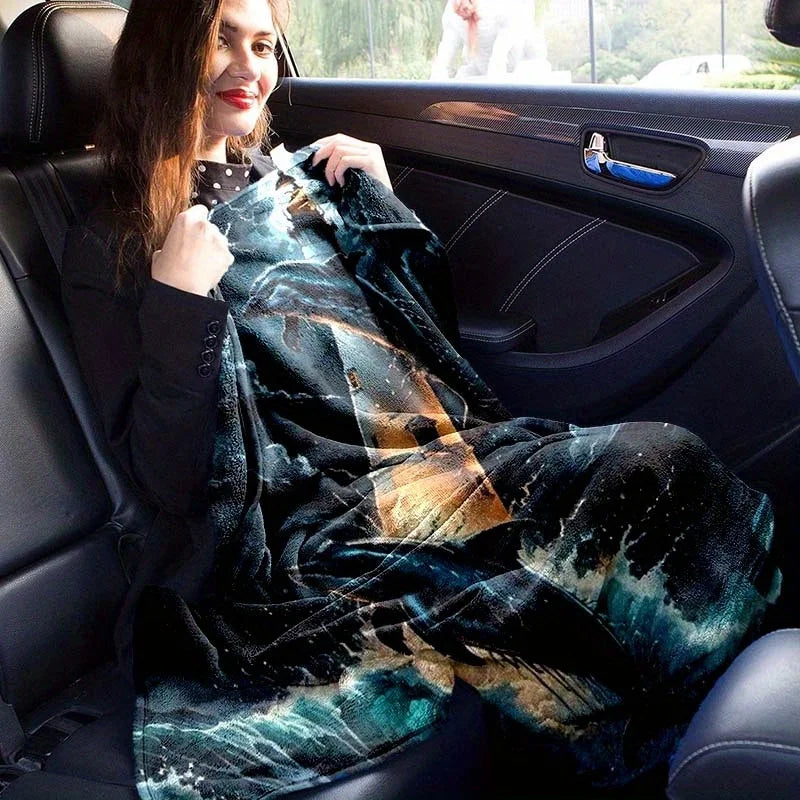 Dolphin and Lighthouse Print Polyester Flannel Blanket - Soft, Warm, Lightweight, Suitable for Sofa, Bed, Travel, Camping, Offic