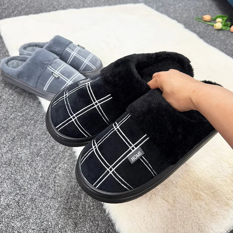 Men Home Slippers Plaid Memory Foam Winter Plush Male Indoor Shoes Warm Soft Non-Slip Slippers Black Large size 50-51 Fashion