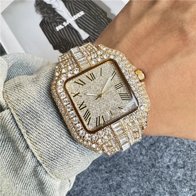 Luxury Iced-Out Square Men’s Watch. Diamond Style Fashion Timepiece