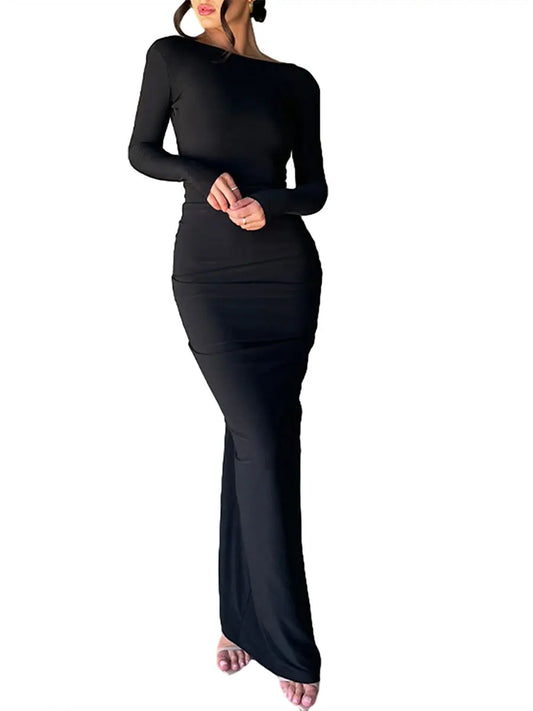 Women Long Bodycon Dress Solid Color Deep V-Neck Ruched Long Sleeve Dress Spring Fall Evening Party Dress