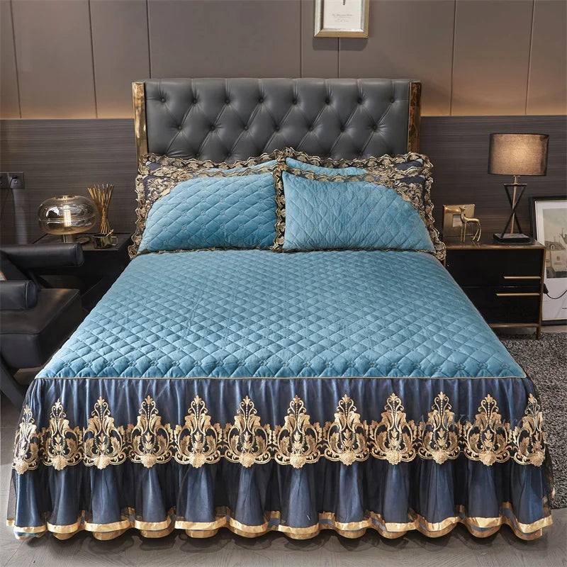 AIWINSURE-European Lace Velvet Bedspread Set, King Size, Queen Thickened Bed Cover, Soft Bed Skirt, Luxury, with 2 Pillowcases