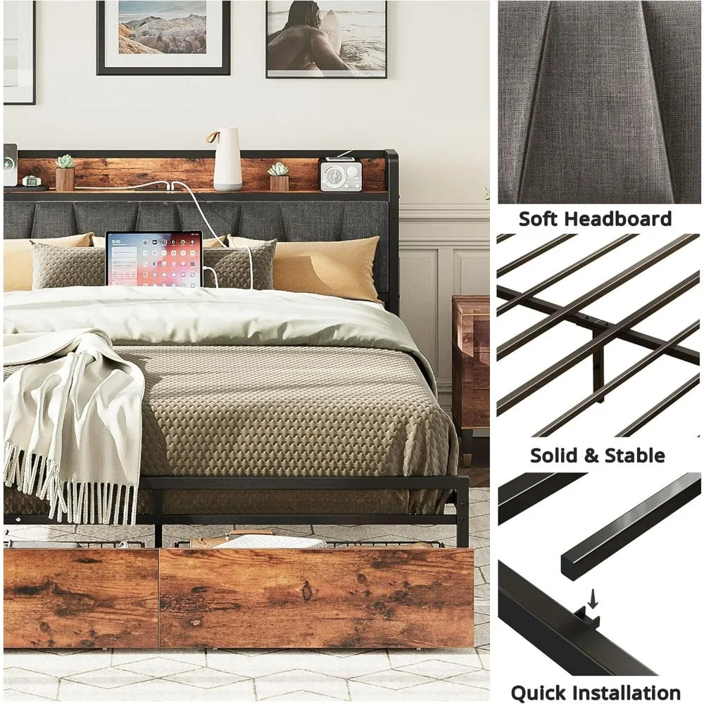 "king-size bed frame with storage headboard, charging station, and underbed drawers - no box spring required, easy assembly"