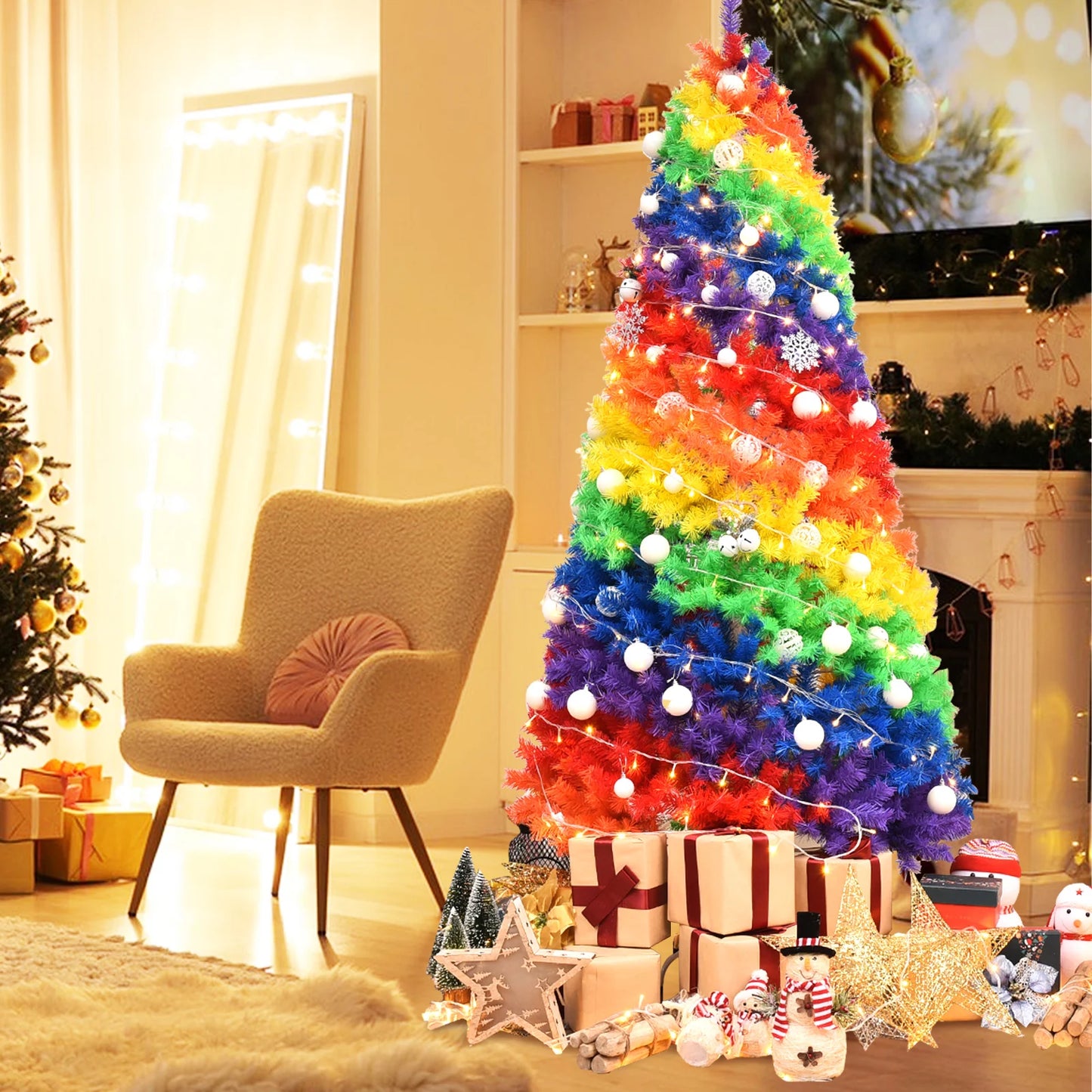 7FT Rainbow Artificial Christmas Tree . Vibrant Full Pine Holiday Tree for Festive Home Décor