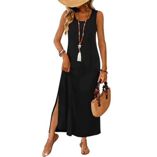 Women’s Sleeveless Casual Maxi Dress | Summer Beach Vacation Side Slit Dress