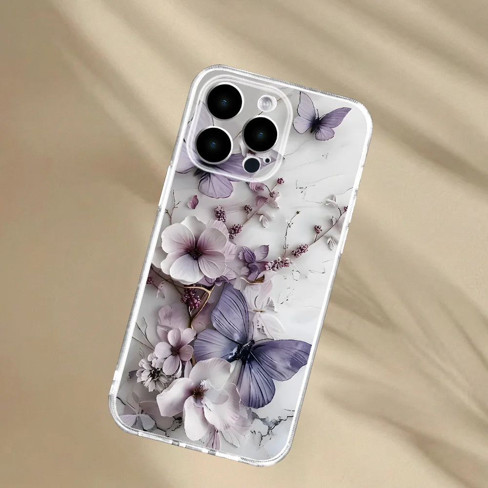 Purple Butterfly Floral Motif Phone Case For iPhone 17 16 15 14 13 12 11 Pro Max Plus Slim Protective Cover