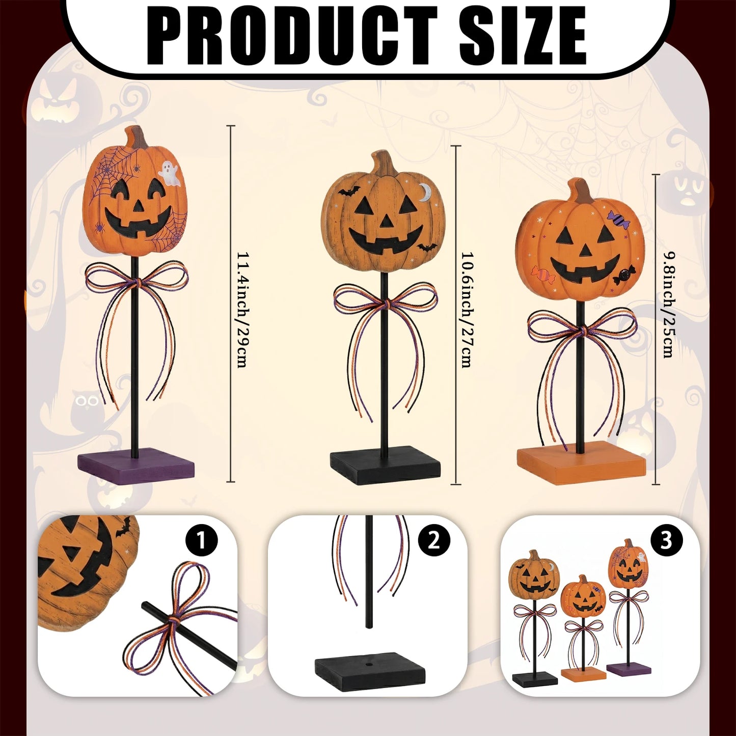 3-Piece Halloween Jack-O’-Lantern Tabletop Décor Set. Rustic Pumpkin Metal Stand Decorations for Fall & Halloween Home Déco