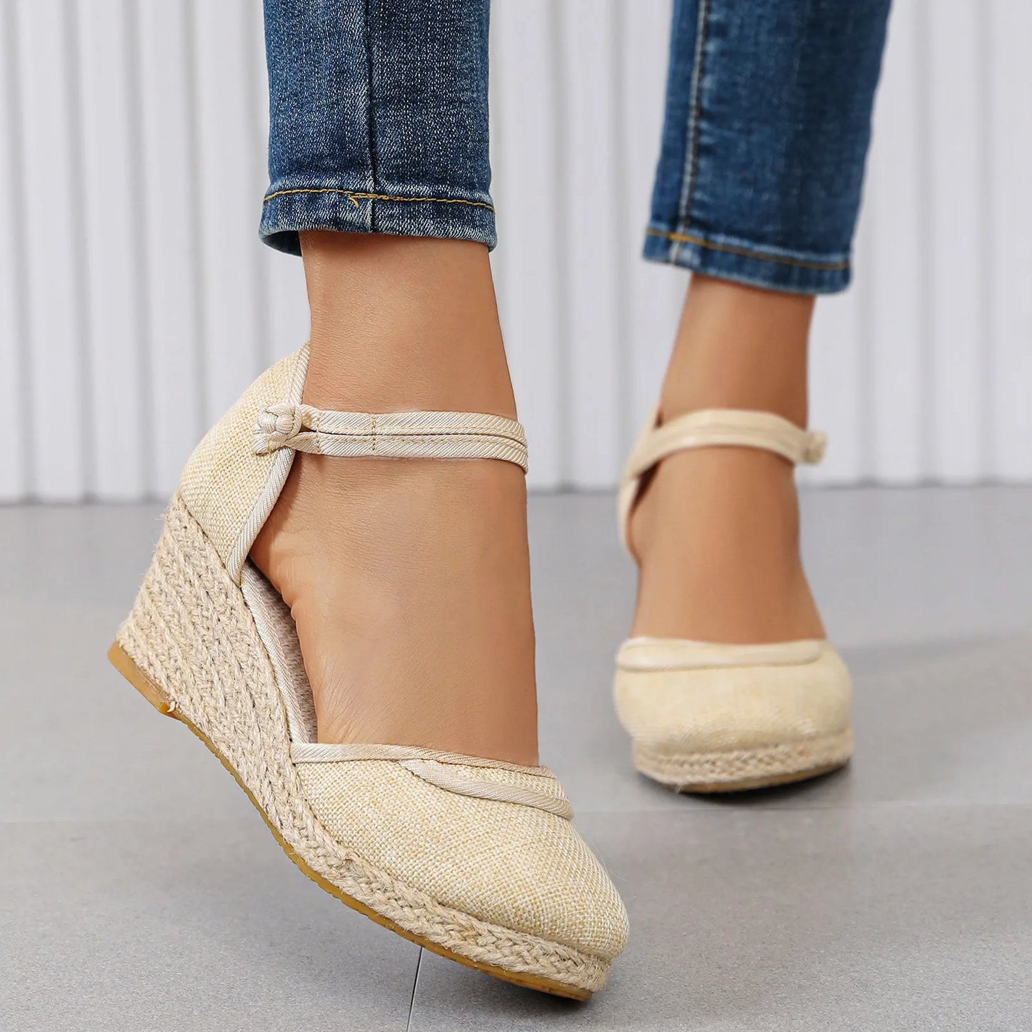 Womens Retro Plain Wedge Sandals Ladies Espadrille Summer Fashion Breathable Ankle Strap Sandals Casual Chunky Beach Sandals