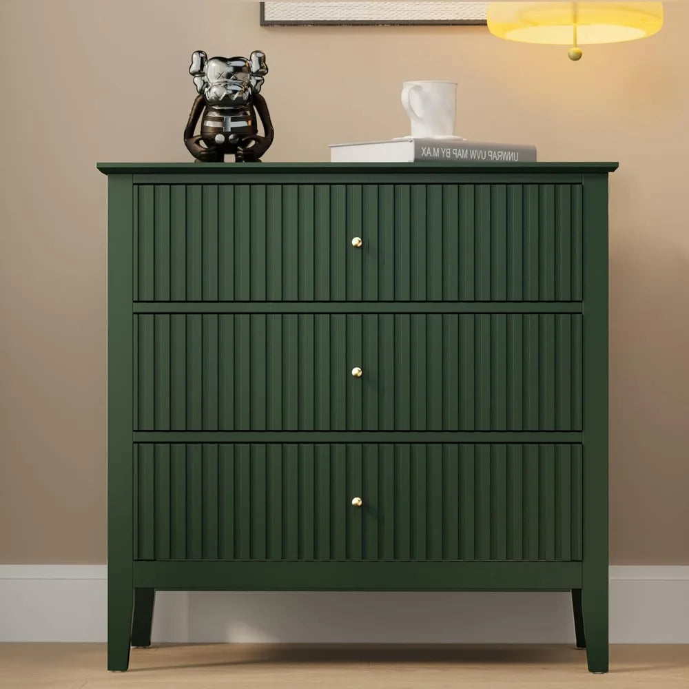 Green Fluted 3 Drawer Dresser, 32 inch Wide Dresser Nightstand for Bedroom, Modern Wood Chest of Drawers, Large Painted Nightst