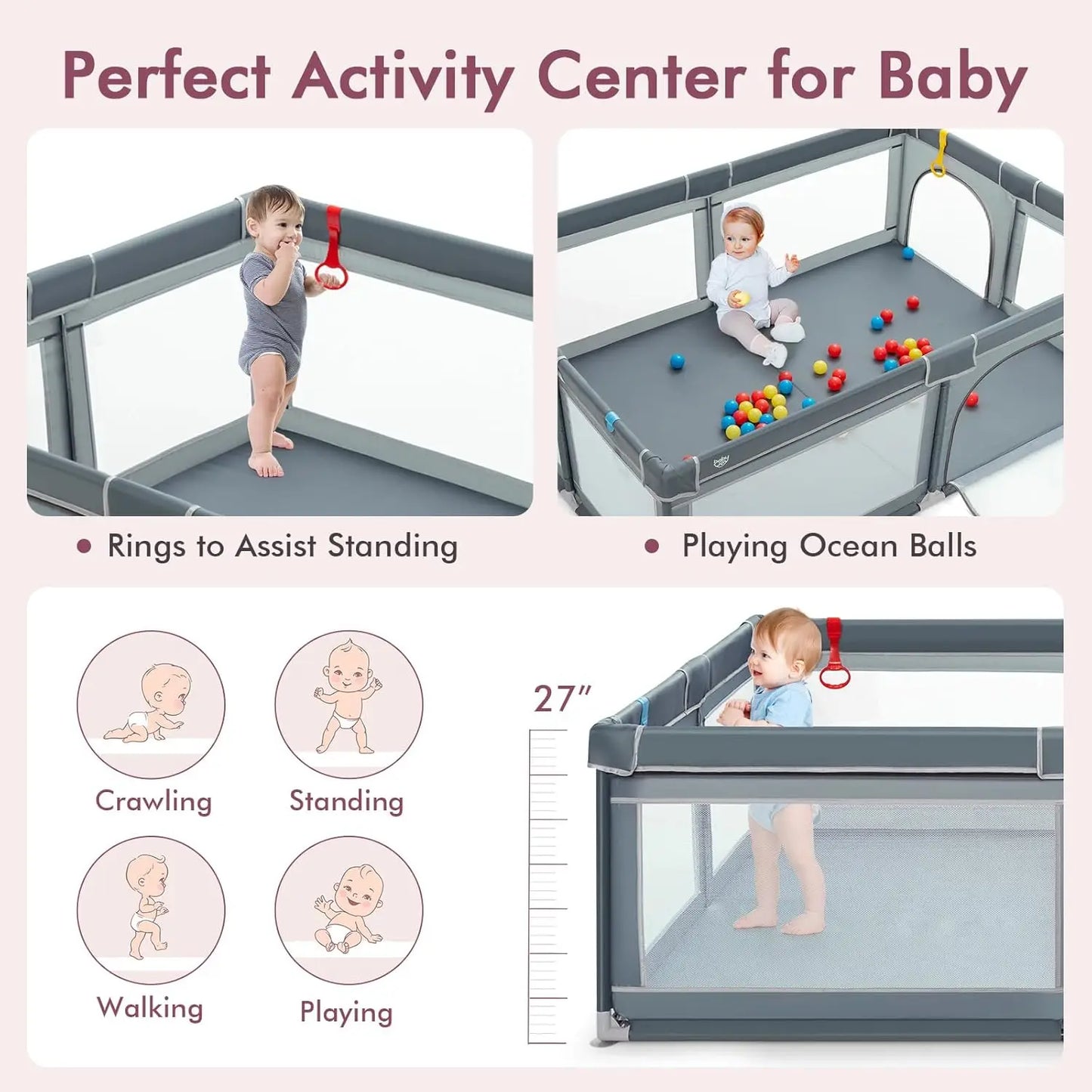 Playpen for Toddlers, Extra Large Playard Playpen for Toddlers Indoor & Outdoor with Ocean Balls, Non-Slip Suction Cups, Handleb