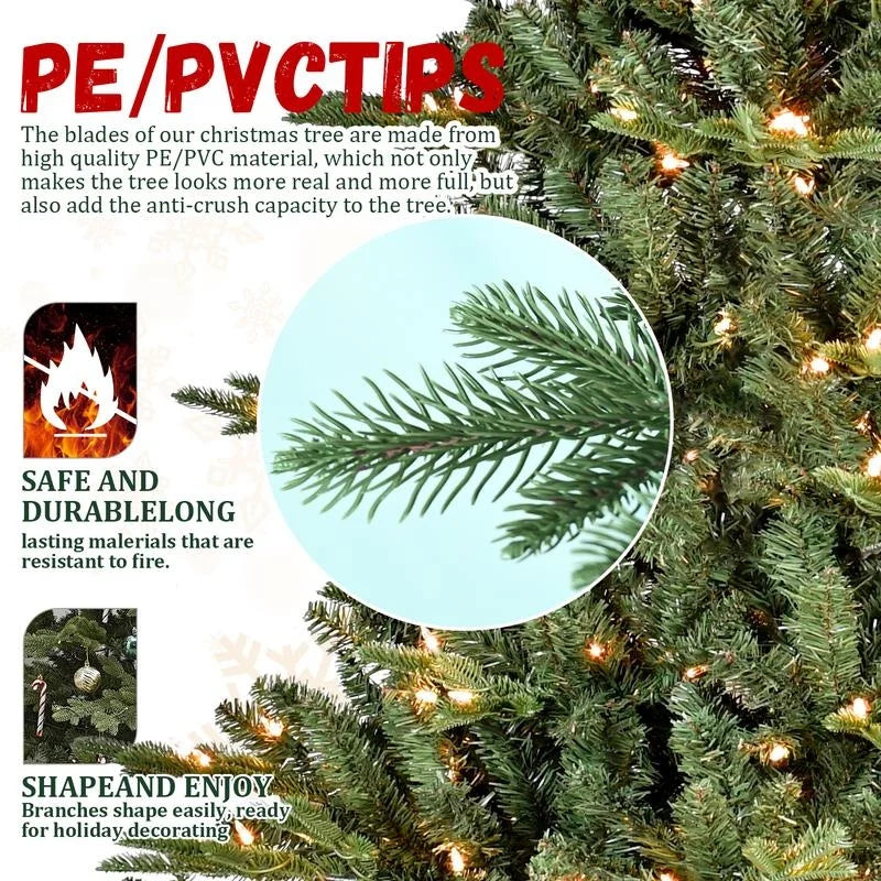 7FT Premium Pre-Lit Christmas Tree with 750 LED Lights, 2,257 PE/PVC Branch Tips & Wide Base