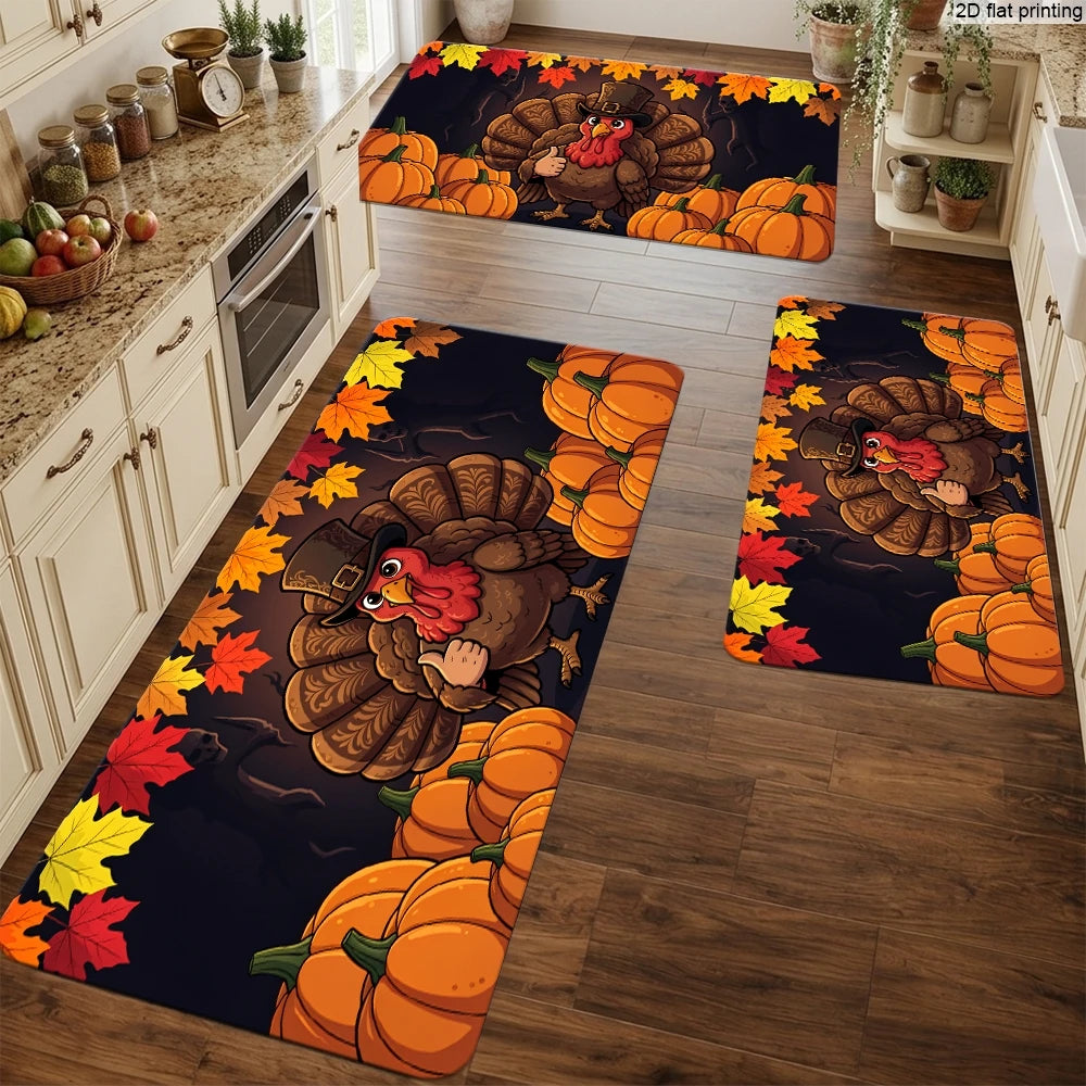 Thanksgiving Kitchen Runner Rug. Pumpkin, Turkey & Fall Leaves Non-Slip Floor Runner for Autumn Harvest Home Décor