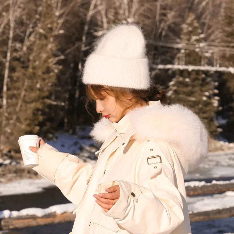 Warm Cashmere Wool Beanie For Women Rabbit Fur Threefold Cap