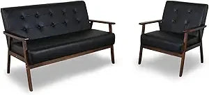 Leather Sofa Couch Set 2 Accent Chairs & 1Loveseat Black Faux Leather Loveseats Mid Century Modern Office Couch for Small Space