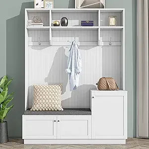 Hall Tree with Soft Cushion Storage Bench,Functional Hallway Shoe Cabinet with 3 Shelves and Coat Rack w/3 Hooks for Entryways,
