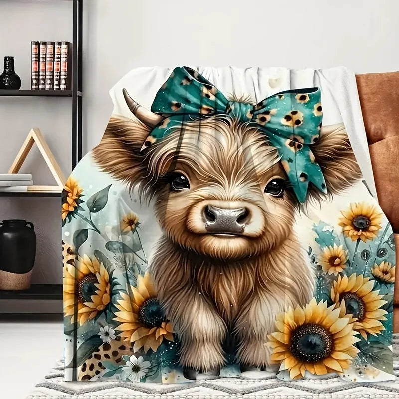 1pc Cozy Highland Cow Print Flannel Throw Blanket - Soft, Warm & Versatile for Couch, Bed, Office, And Travel - Perfect Gift for