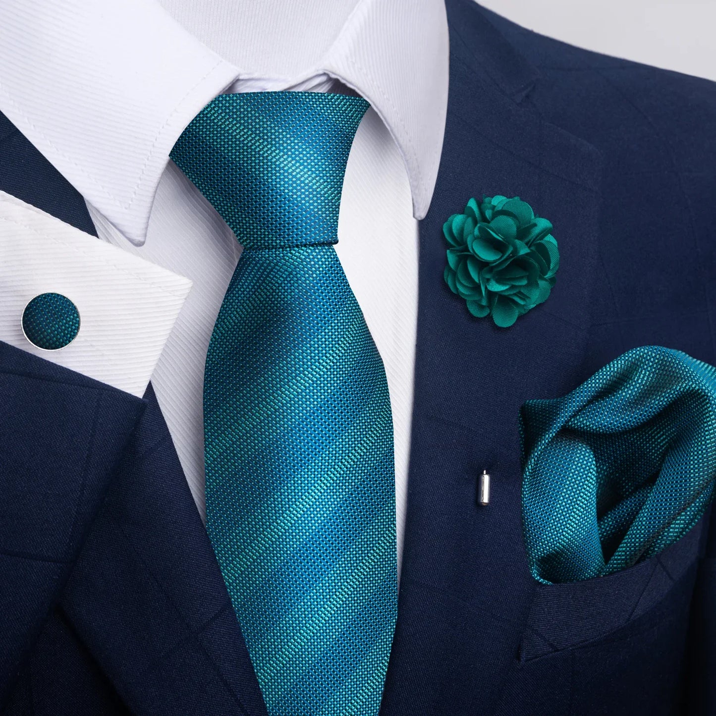 Luxury Green Floral Men’s Necktie Set .Tie, Pocket Square & Cufflinks