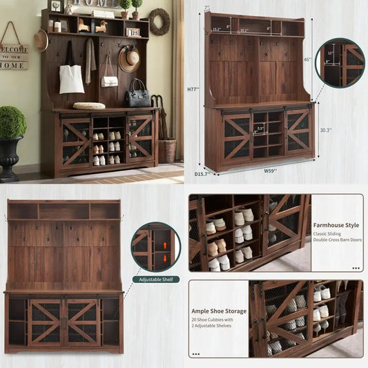 "59-inch farmhouse style entryway bench with shoe storage, 20 cubby shelves, 12 hooks, and sliding barn door coat rack"
