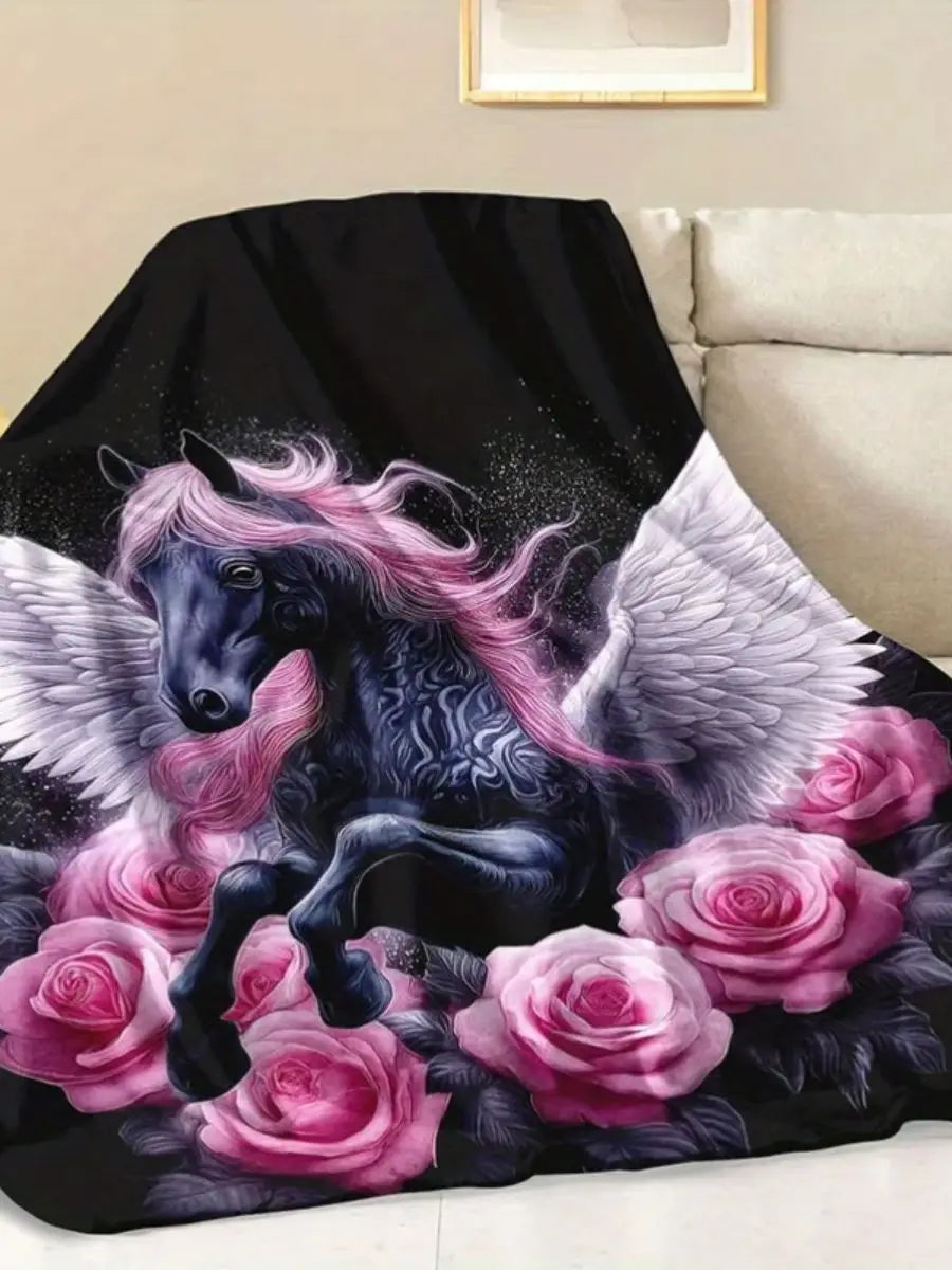 Mystical Pegasus Rose Flannel Blanket.Ultra Soft Cozy Throw for Bed, Sofa & Relaxation