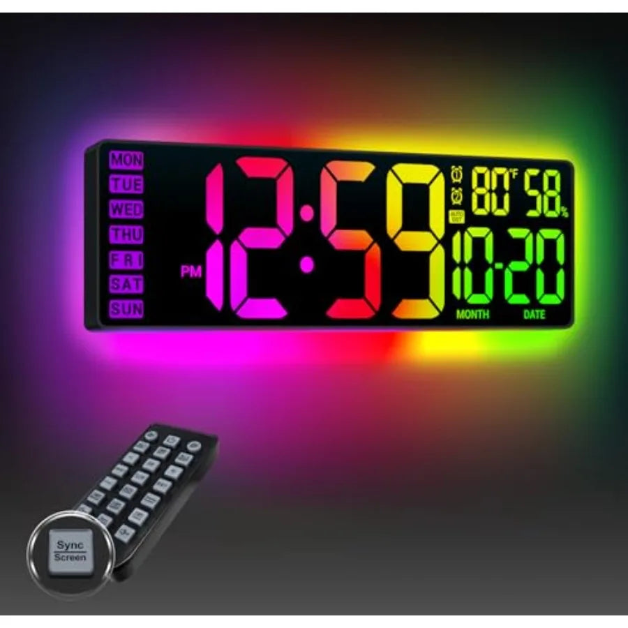 RGB LED Digital Wall Clock with Remote Control, Temperature Display, Alarm & Date Function