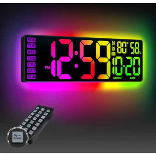 RGB LED Digital Wall Clock with Remote Control, Temperature Display, Alarm & Date Function