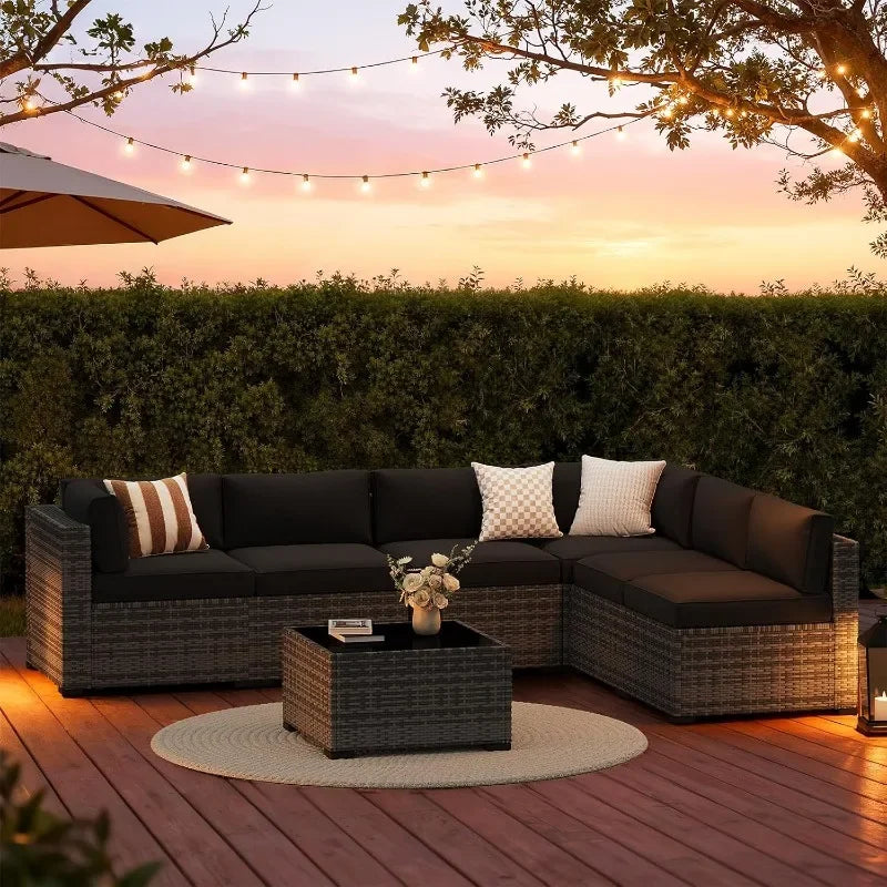 Lazy Sunsets 7 Piece Outdoor Wicker Patio Furniture Set with Cushioned Sectional Seating