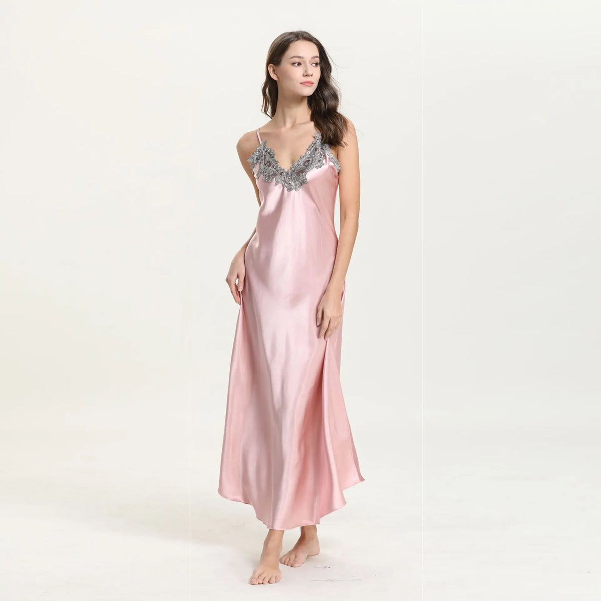 Women's Long Satin Nightgown.  Lace Trim Sleeveless Maxi Sleepwear
