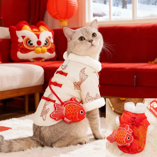 New Year Dog Dragon Robe Costume Warm Cat Cheongsam Winter Pet Vest of The Tang Dynasty Christmas Coat for Cat Teddy Bichon Dogs