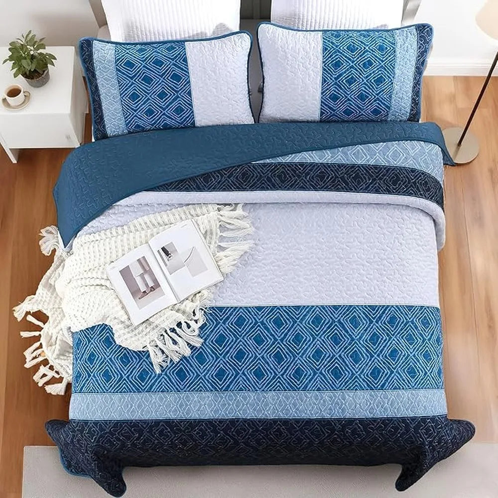 Elegant Blue Quilted Comforter Bedding Set